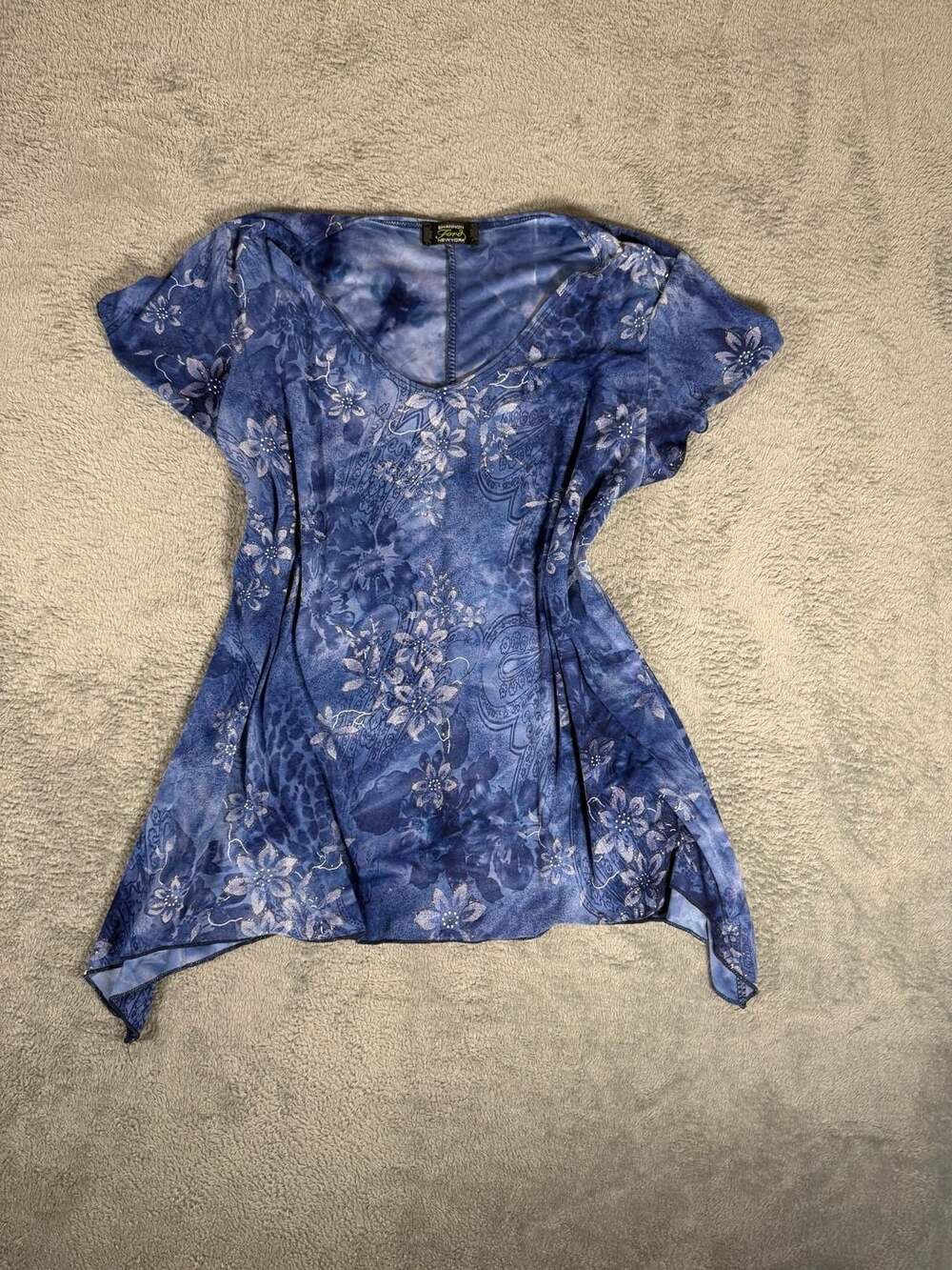 Shannon Ford New York Floral Mesh Asymmetric Hem Top Blue Vintage